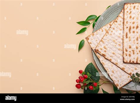 Plate With Jewish Flatbread Matza For Passover On Color Background