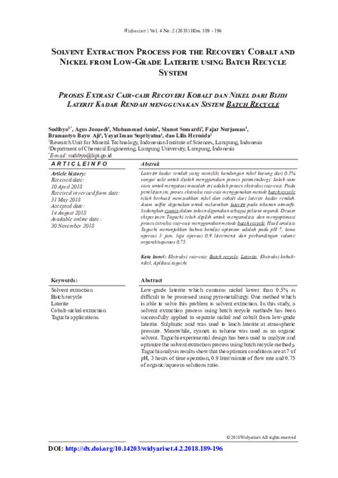 Pdf Solvent Extraction Process For The Recovery Cobalt And Nickel