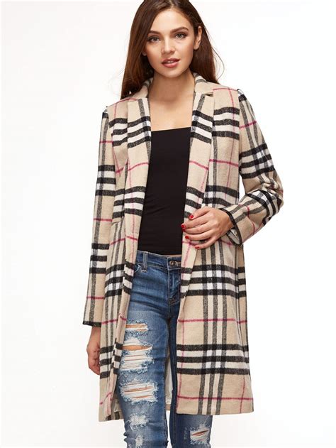 Khaki Plaid Single Button Pocket Front Overcoat Shein Sheinside