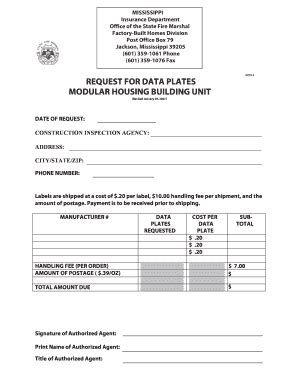 Fillable Online MOD 3 REQUEST FOR DATA PLATES MODULAR HOUSING BUILDING