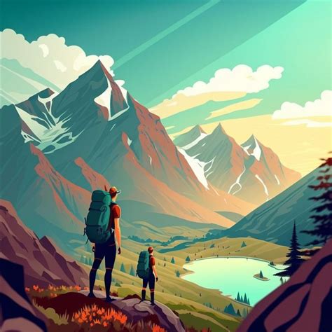 Two People Standing On Top Of A Mountain Looking Out At The Mountains