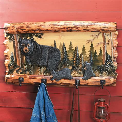 Mama Bear And Cubs Carved Wood Coat Rack Black Forest Decor