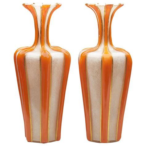 Antique Pair English Bohemian Orange Vermicular Glass Vases Circa 1855 Art Deco Cameo Glass