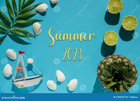 Turquoise Flat Lay Boat Shells Pineapple Text Summer 2023 Stock