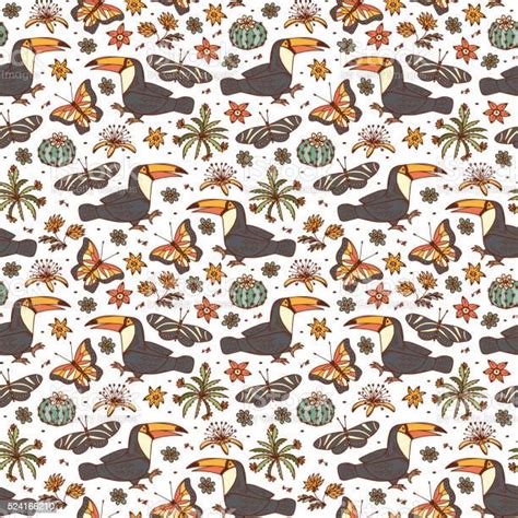 Tropics Seamless Pattern Birds Hand Drawn Doodle Toucan Butterflies