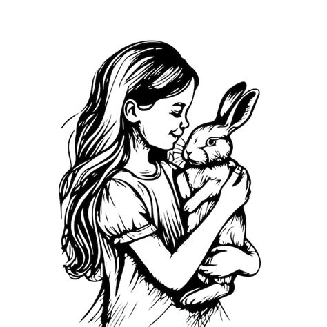 Hand Drawn Sketch A Little Girl Holding A Rabbit In Her Hands Drawing