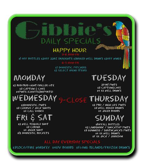 Gibbie's Pub & Eatery Daily Specials