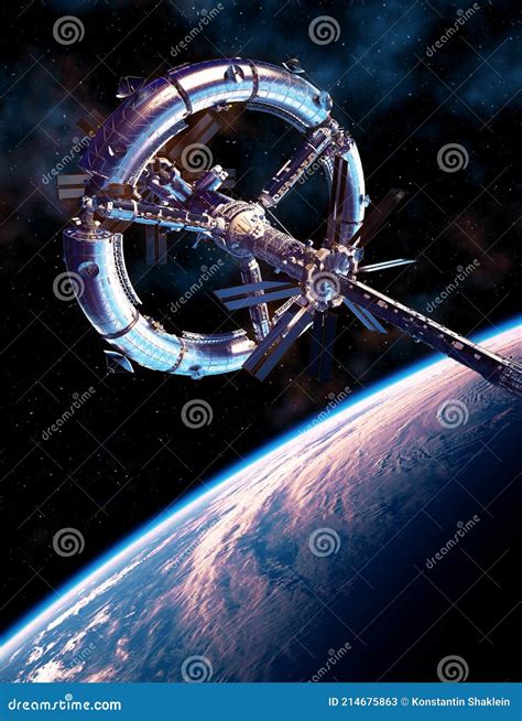 Estación Espacial Futurista Orbitando El Planeta Tierra Azul Stock de