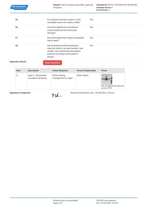 Fire Sprinkler System Inspection Checklist Template