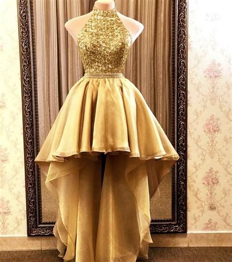 Luxury Gold Beaded Crystal High Low Prom Dresses A Line Women Party Gowns Cheap High Low Girls