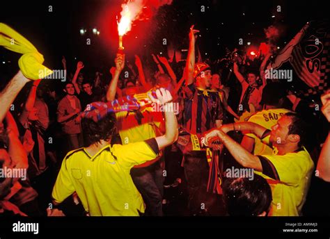 Football Crowd Celebrating With Flares Hi Res Stock Photography And