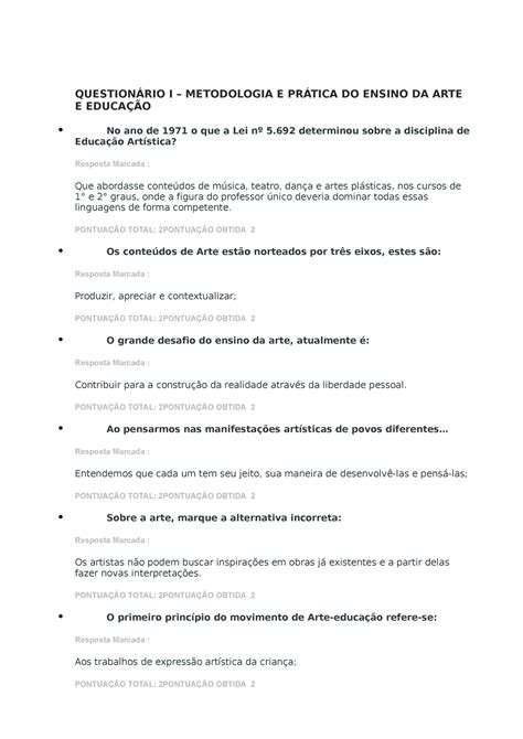 Question Rio I Metodologia E Pratica Do Ensino Da Arte E Da Educa O