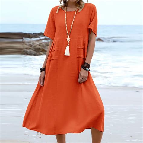 Munlar Women S Plus Size Midi Dress Orange Loose Cotton Linen T Shirt