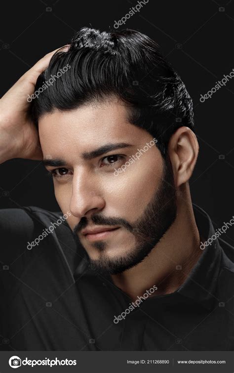 Men Hair Beauty Handsome Male Model Touching Healthy Hair Stock Photo