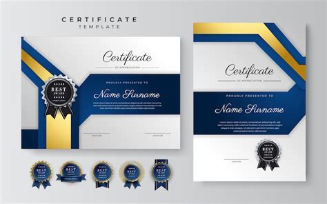 Modelo De Certificado Elegante Diploma Azul E Ouro Vetor Premium