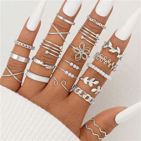 Letapi Bohemian Midi Knuckle Pearl Ring Set For Women Silver Color