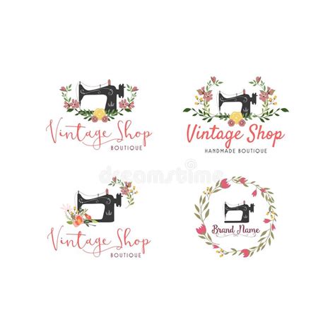 Tailor Sewing Vintage Set Fashion Floral Retro Logo Template Stock