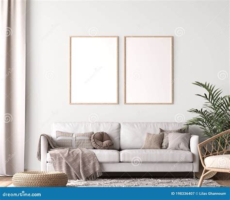 Frame Mockup In Living Room Design, Two Wooden Frames In Scandinavian Interior Royalty-Free ...