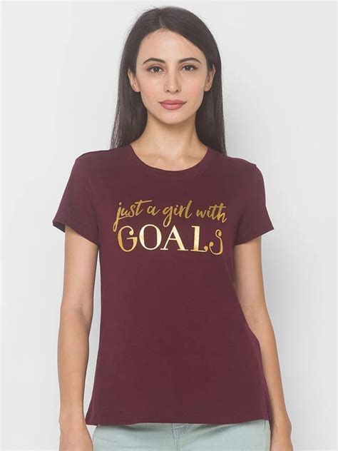 Half Sleeve Globus Women Maroon And Gold Toned Typography Printed T Shirt