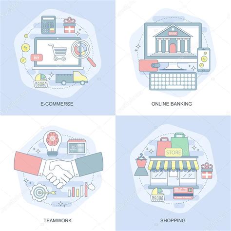 Conjunto de iconos conceptuales planos azules de comercio electrónico