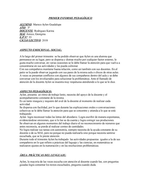 Primer Informe Pedag Gico Primer Informe Pedag Gico Alumno Mareco