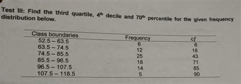 Solved Test Iii Find The Third Quartile 4 Th Decile And 70 Th Percentile For The Given