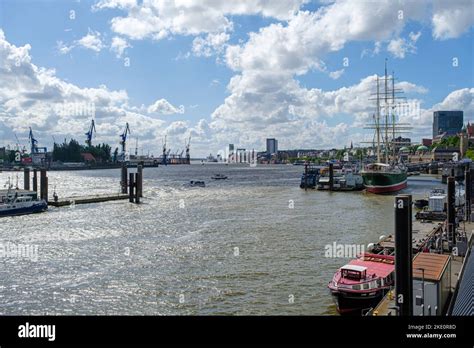 An aerial view along the Elbe river to the landing bridges Stock Photo - Alamy