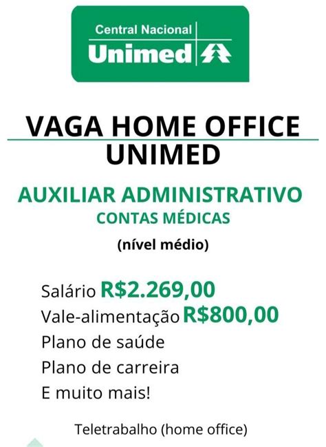 Unimed Nacional Abre Vaga Para Auxiliar Administrativo Home Office