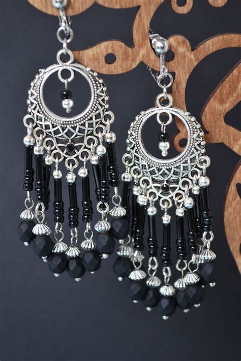 Boho Bohemian Clip On Dangle Earrings Silver Long Beaded Etsy In 2021