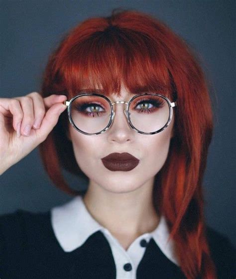 Fall Makeup Look Dark Lipstick Glasses Red Hair With Bangs