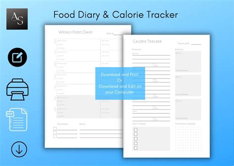 Food Diary And Calories Tracker Printable Or Edit Digitally Pdf In Two Sizes A4 And A5 Diary Page