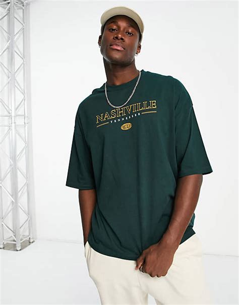 Asos Design Oversized T Shirt In Dark Green With Nashville City Print Asos