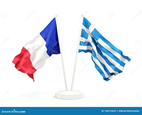 Dos Banderas Que Agitan De Francia Y De Grecia Aisladas En Blanco Stock