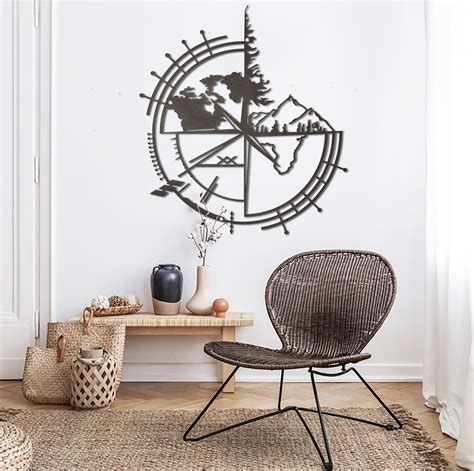 Metal World Art Map Compass Wall Decor Sign Modern Metal Etsy