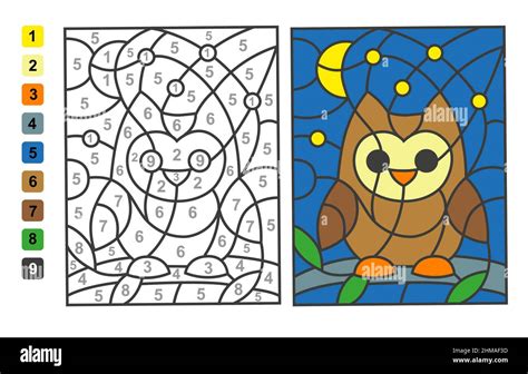 Simple vector coloring wild animal bird owl, color by numbers. Puzzle ...