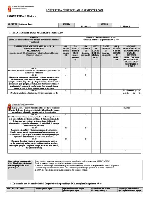 Cobertura Curricular Orientación 1 BÁsico A Pdf