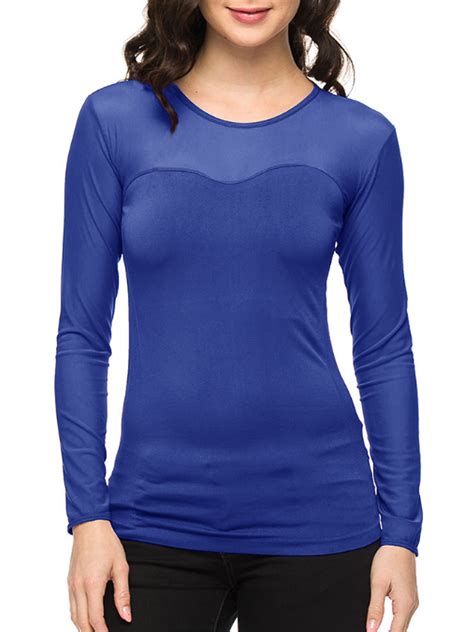 Women Seamless Sheer Long Sleeve Mesh Top Sweetheart Neckline Blouse