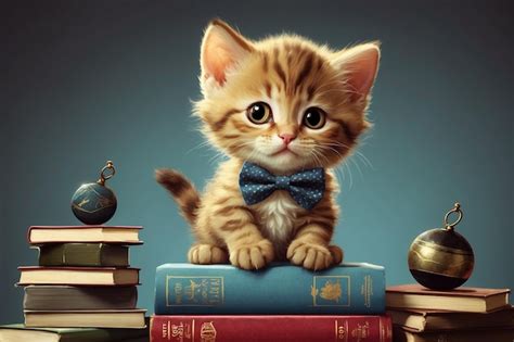 Шутливый мультяшный котенок с пушистым галстуком балансирует на веревке ...
