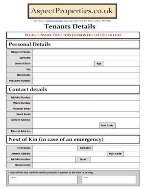 Fillable Online Tenants Details Form Aspect Properties Fax Email