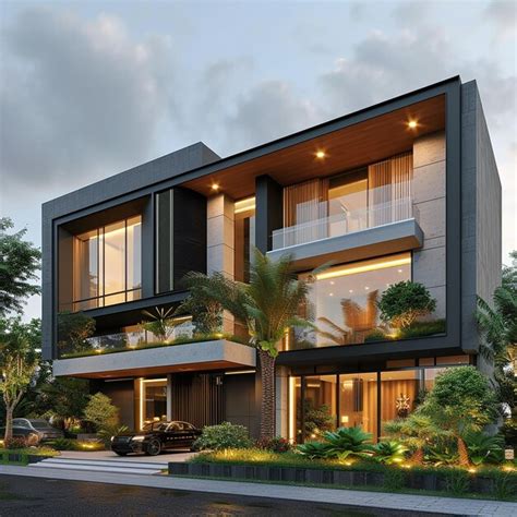 Beautiful Modern Style Luxury Home Exterior At Sunset With Glowing