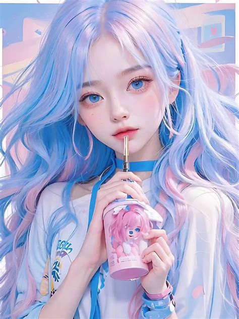 A Girl With Blue Hair Holding A Pink Cup