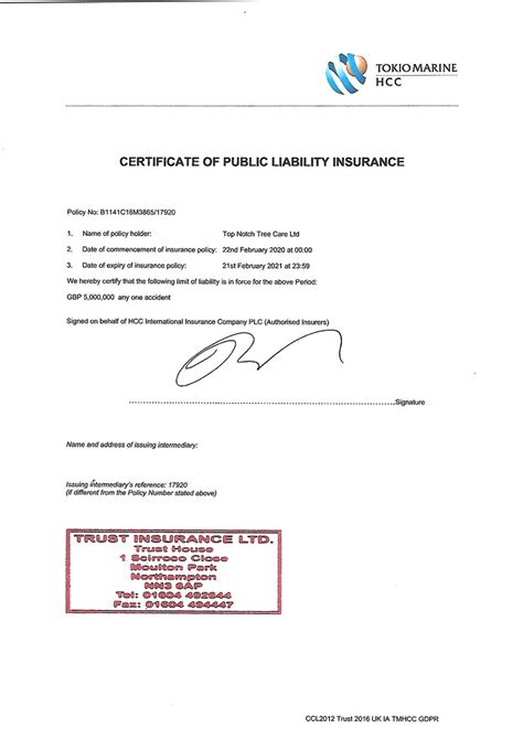 Certificate Of Public Liability Insurance 2020 2021 Top Notch Tree