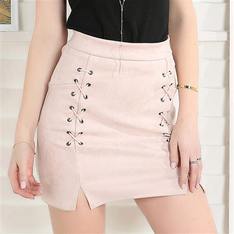 Women Bodycon Suede Pencil Mini Bandage Skirts Spring Female Pocket