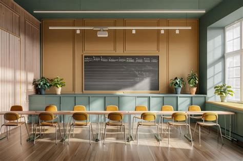 Stylish Beige Classroom Interior With Desk In Row And Chalkboard Mockup Premium Ai Generated Image