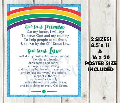 Girl Scout Promise And Law Printable Sign Rainbow Version Etsy