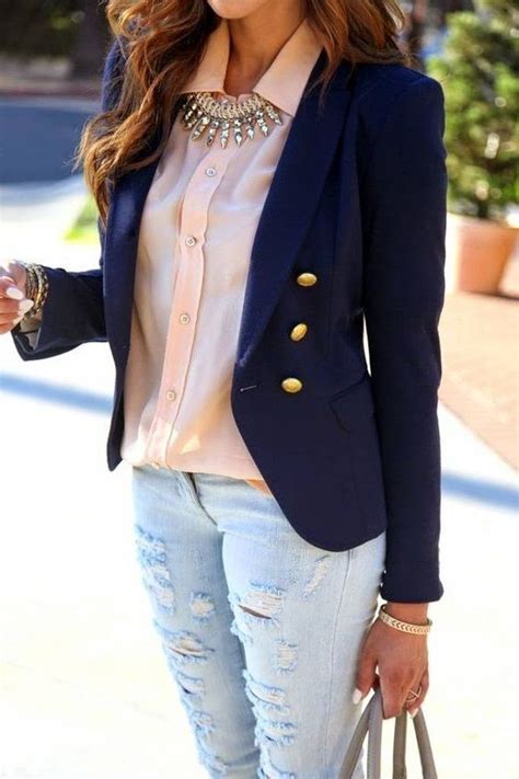 Navy Blue Double Breasted Casual Blazer Spring Summer Fall Elegant