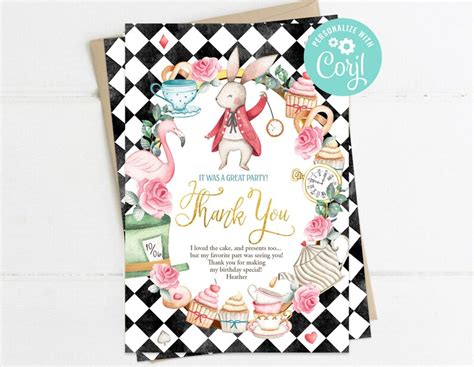 Alice In Wonderland Thank You Card Girl First Birthday Alice Etsy