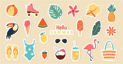 Premium Vector A Set Of Summer Beach Stickers In Retro Colors Vector