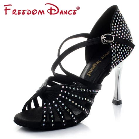 Golden High Heel Satin Rhinestones Womens Latin Dance Shoes Ballroom