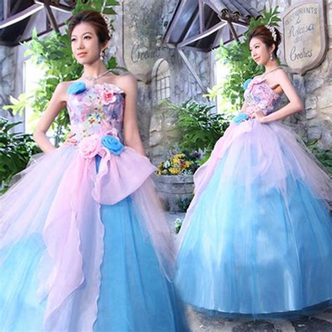 Discount Blue Pink Floral Wedding Prom Party Event Dresses Ball Gowns